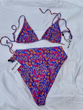 Skatie Floral High-Waist Triangle Bikini - Purple, Pink & Orange